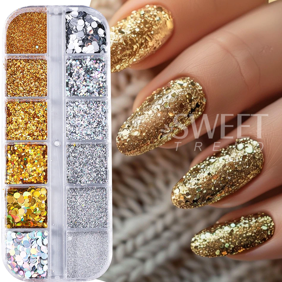 12 شبكة الذهب والفضة مسمار بريق مسحوق المجسم مختلط تألق جولة الترتر رقائق لامعة مانيكير اكسسوارات الديكور فلاش #3
