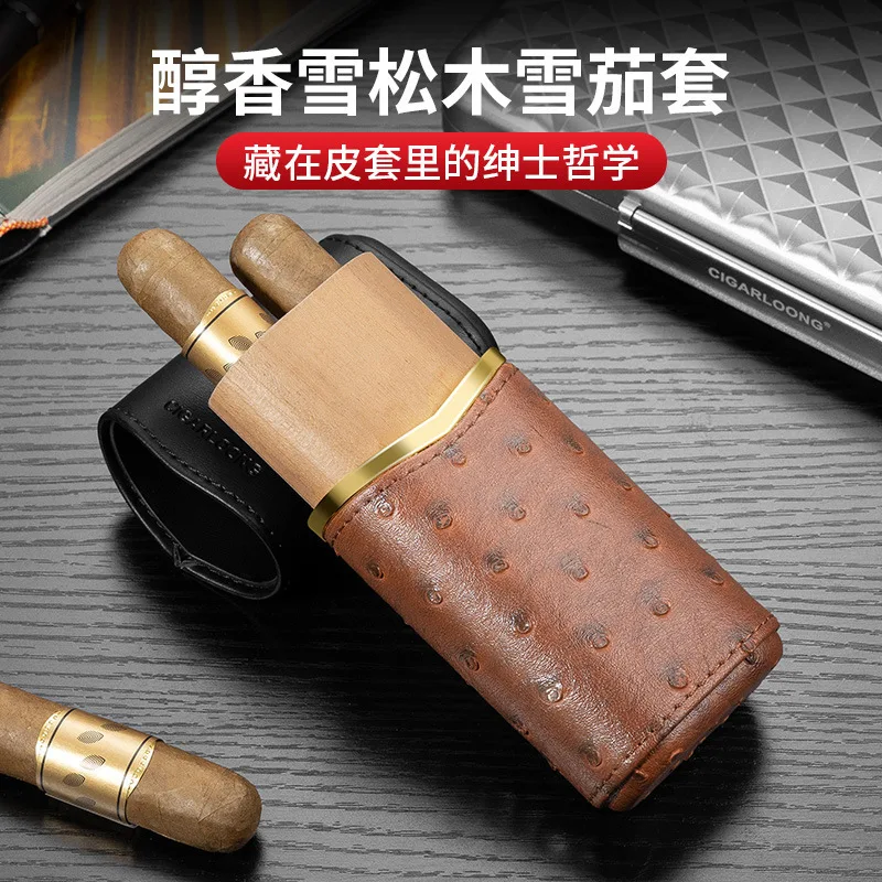 Portable Leather Cigar Box Cedar Lined Travel Humidor Moisture Retention Holder Fits 2 Cigars for Outdoor Carrying