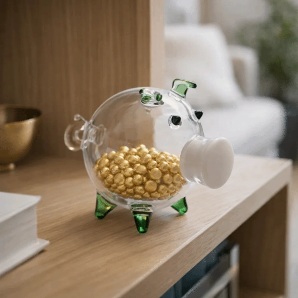 Multi-purpose Cartoon Piggy Money Bank Transparent Visible Golden Beans Container Lightweight Glass Money Jar Gift Giving