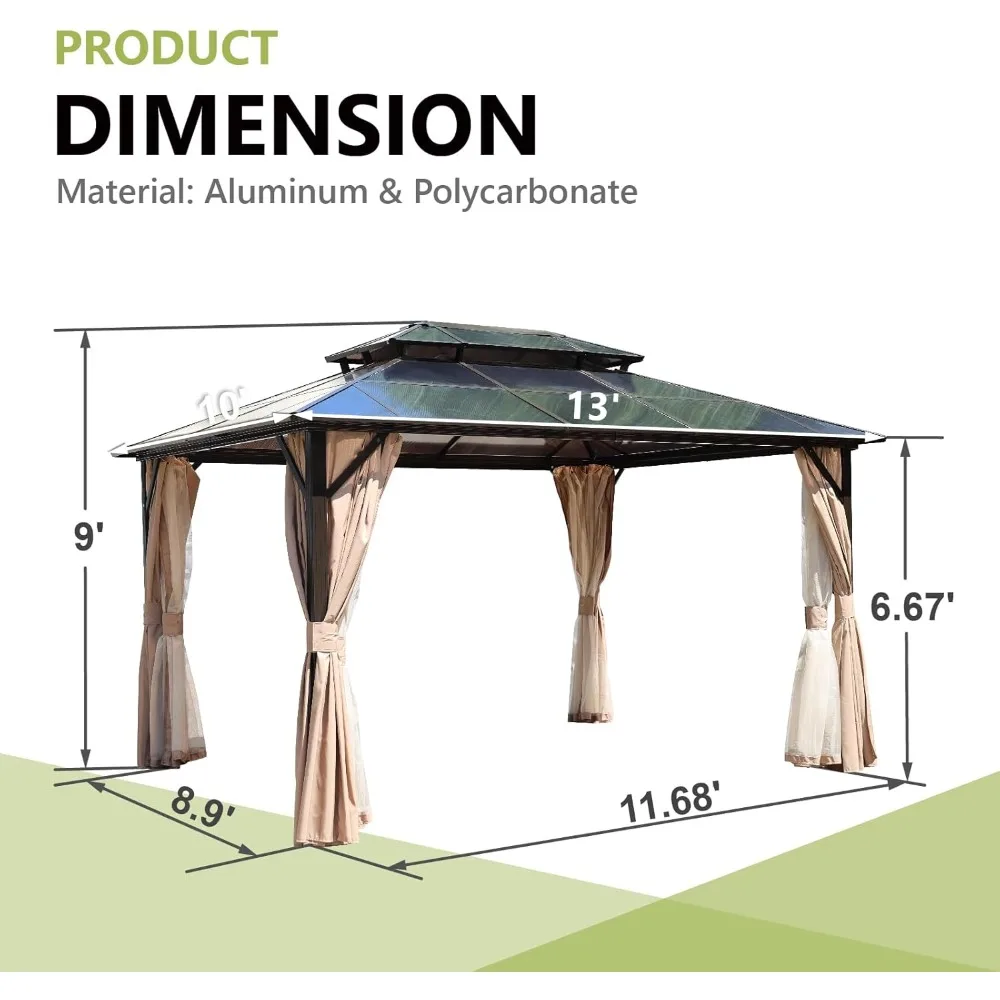 Gazebo de topo rígido de 10'x13', gazebo de telhado duplo de policarbonato ao ar livre, pavilhão permanente com estrutura de alumínio com cortina e rede