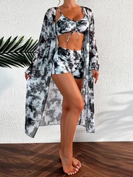 3 sztuki Tie Dye Bikinis strój kąpielowy 2023 nowe kobiety sznurowane z przodu stroje kąpielowe damskie spodenki z wysokim stanem stroje plażowe kąpiące się kostium kąpielowy