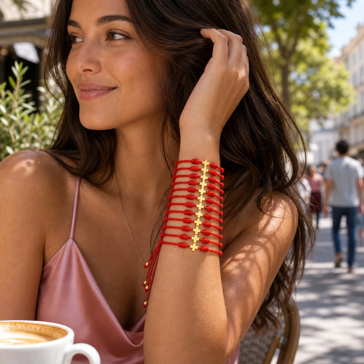 12pcs Stacked Red Cotton Rope Cross Charm Bracelet with Gold Tone Copper Charm Christian Adjustable Unisex Wristband
