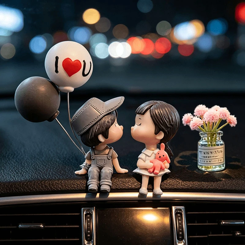 3Pcs/Set Cute Cartoon Couple with Flower Pot Design Car Decoration Balloon Decor Car Accessories Car Interior Dashboard Accessories Gift for Girls, Suitable for Halloween/Christmas/Thanksgiving/Valentine's Day Gifts.