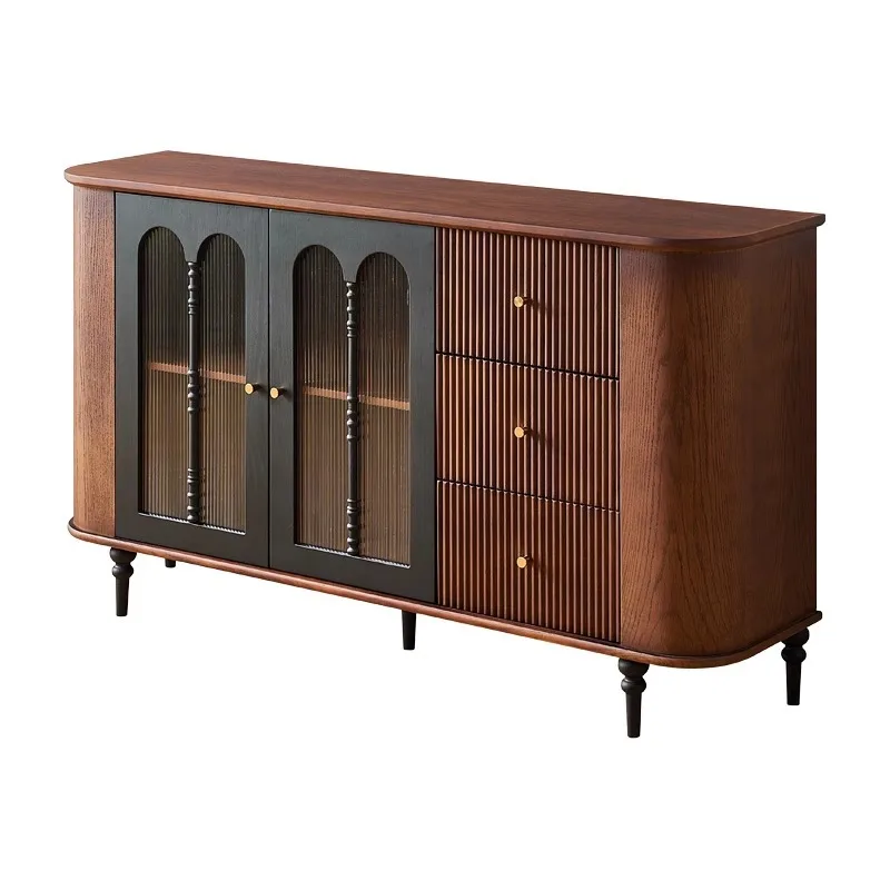French retro solid wood dining side cabinet, household living room multi-functional partition storage cabinet, antique color