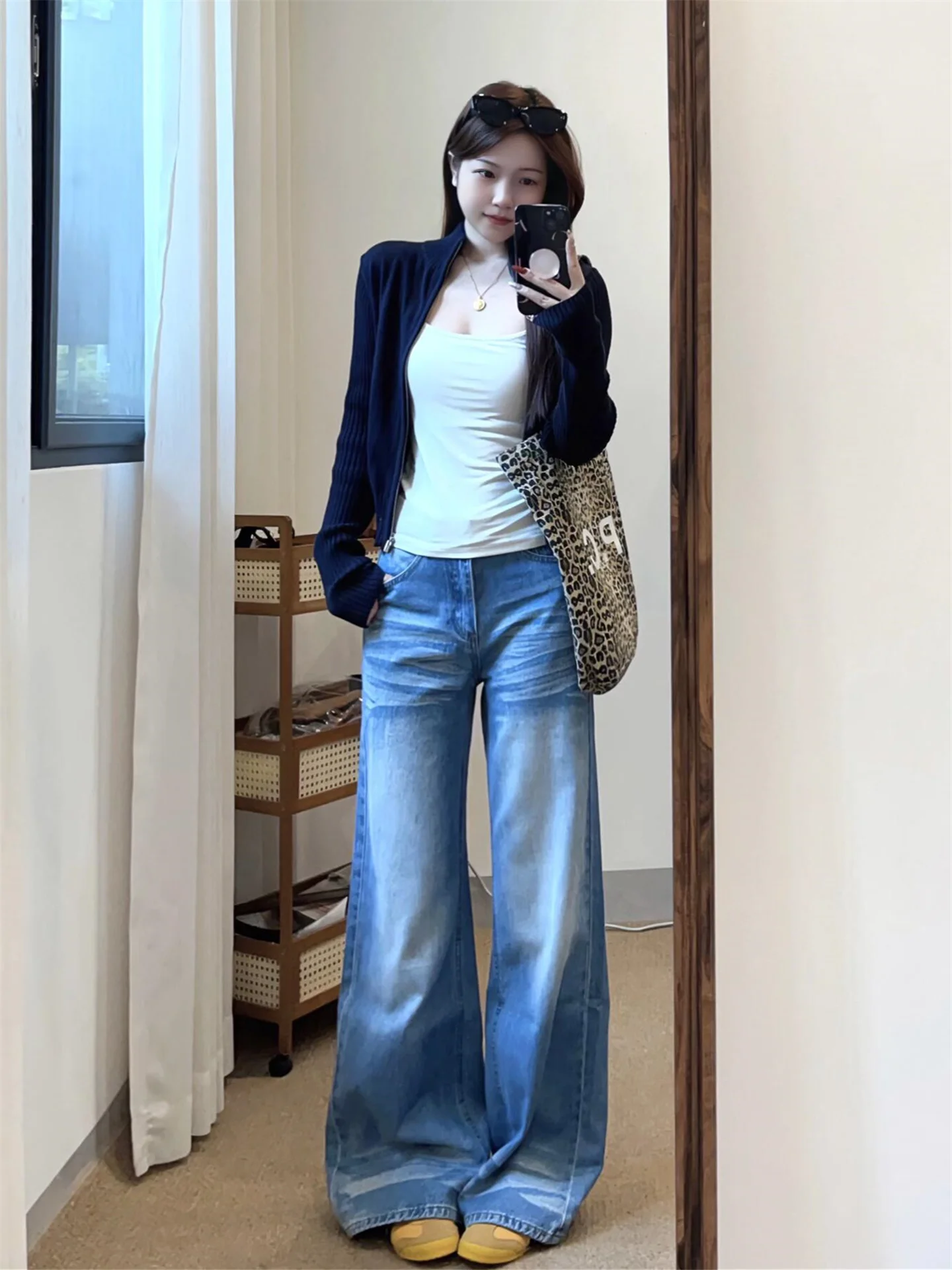 

Extended High Waist Light Blue Wide Leg Flared Jeans Women's Spring Washed Loose Slimming Floor-Length Pants