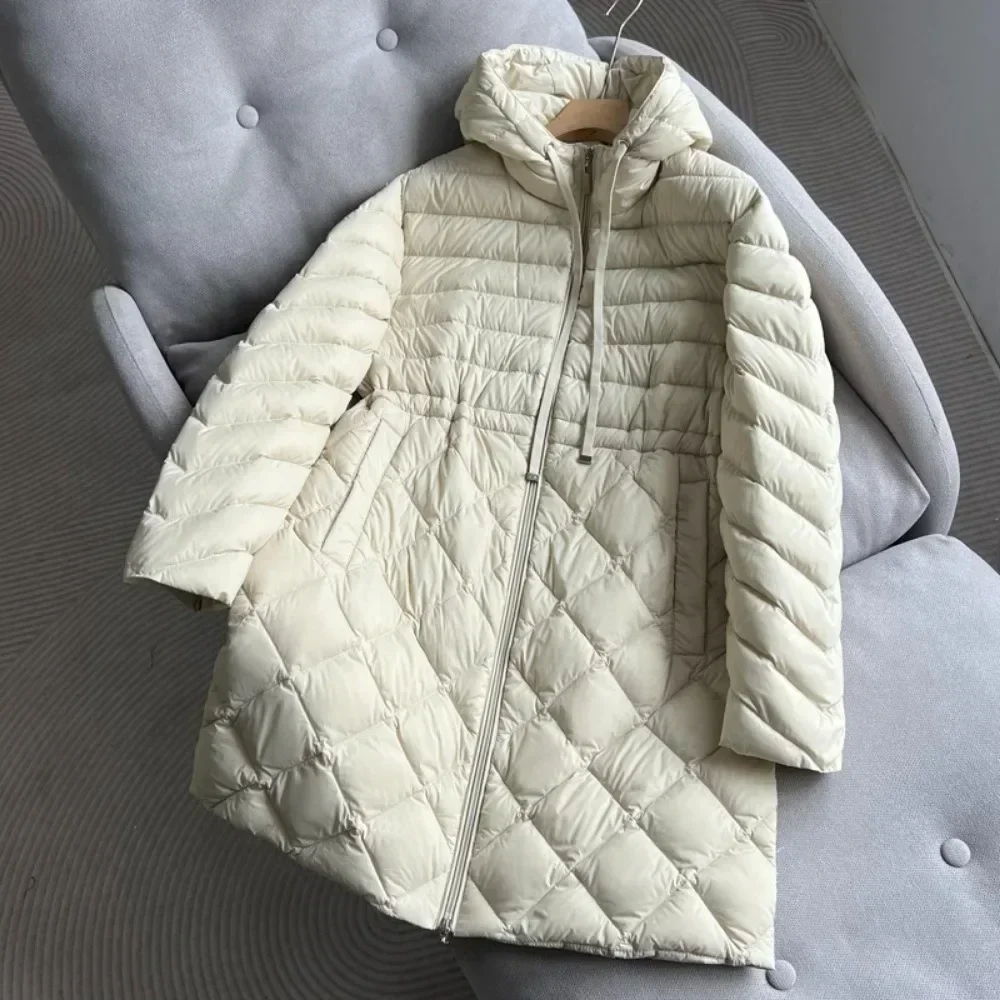 2024 Autumn Winter Slim Hooded Puffer Jacket Women Casual Solid Parka Waistband Lightweight Long White Duck Down Coat Female