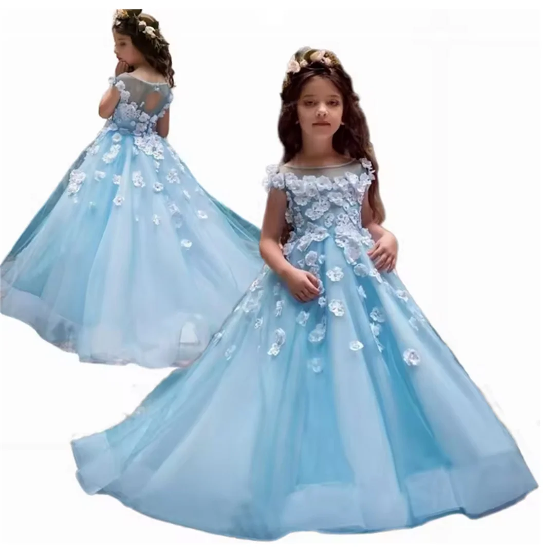 Blumenmädchenkleid für Brautkleider, Spitze, Himmelblau, lang, Prinzessin, für Kinder, handgefertigt, bauschig, für Abendparty, Erstkommunion, Ball