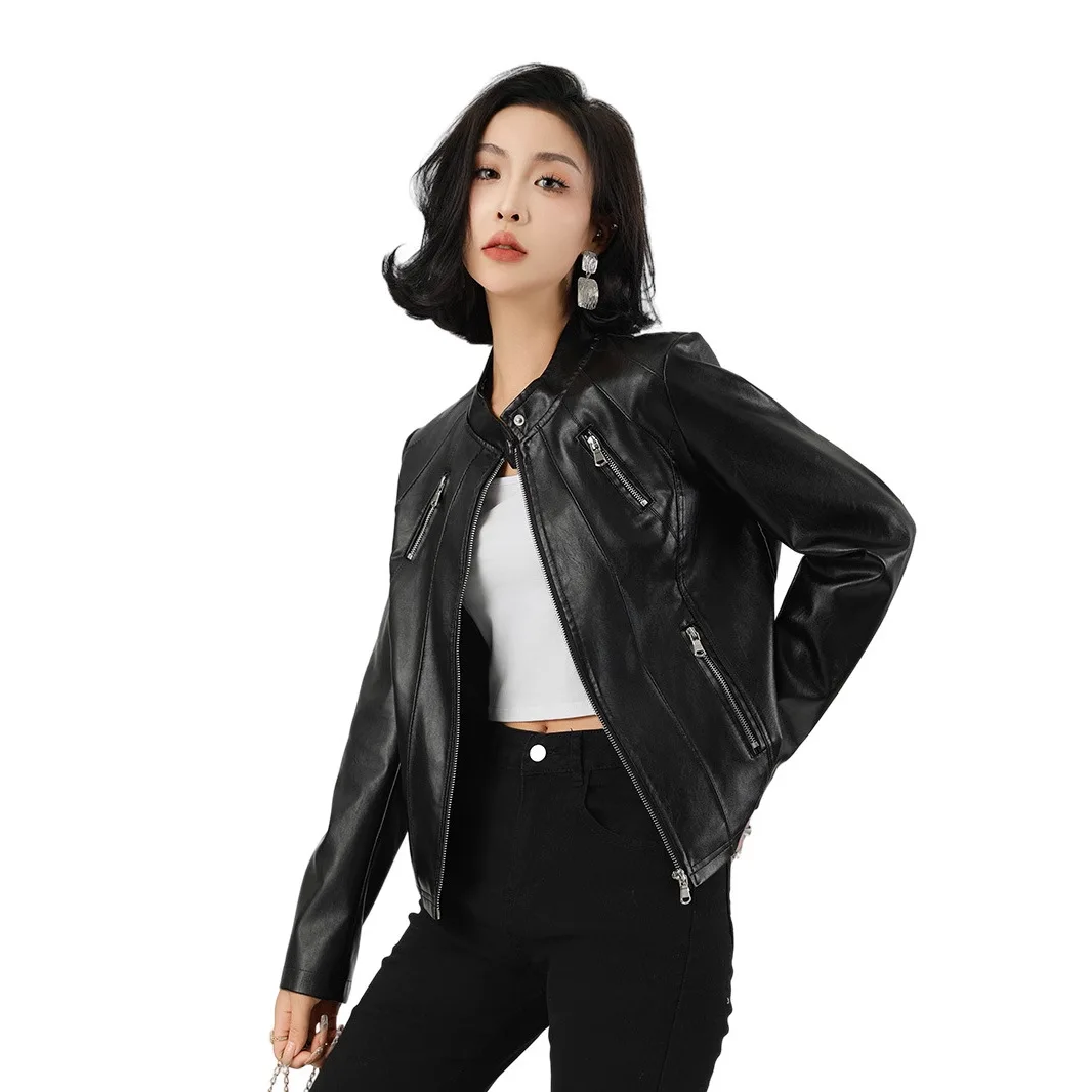 女性フェイクレザージャケットジッパーソリッドストリートウェアスリムフィット長袖スプライスドポケットコートスタンドカラージャケット秋