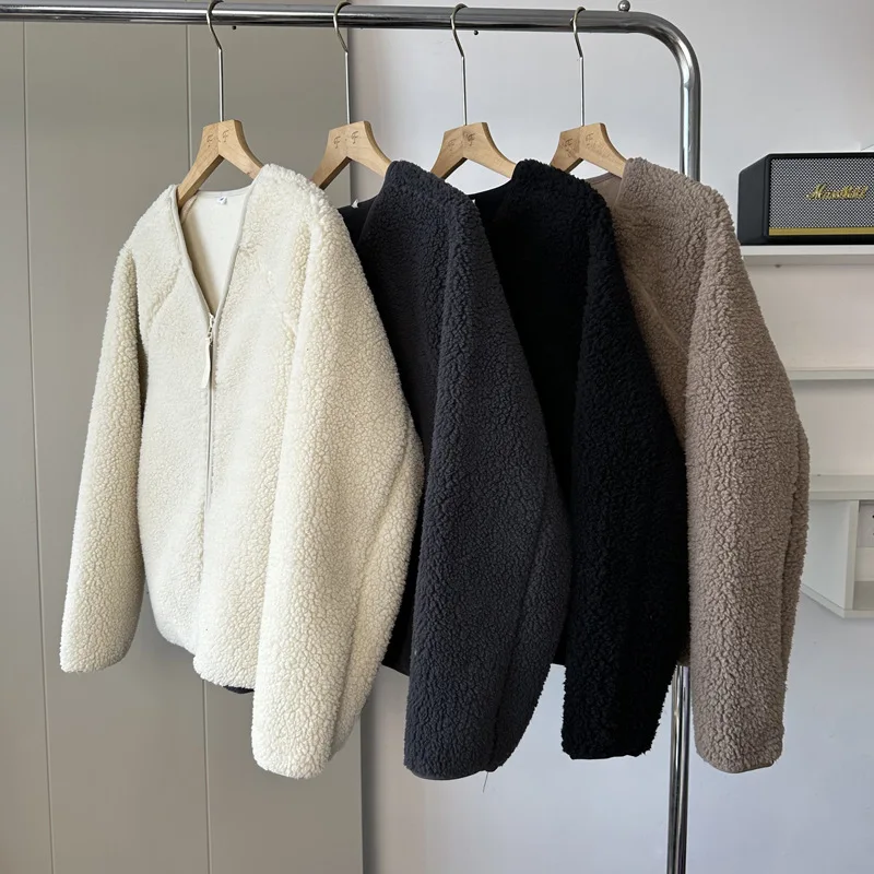 

Girl's Lamb's Wool Cotton-Padded Jacket Thicken Autumn Winter Korean Version Women's Polar Fleece V-Neck Puffer Jacket Warm Coat