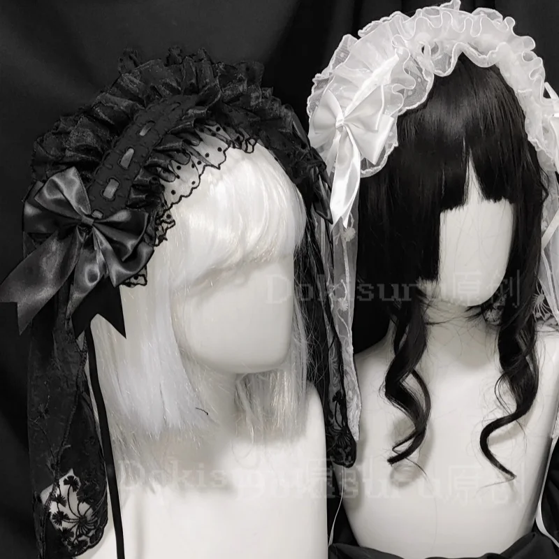 オリジナルロリータブライダルベール多用途ヘッドバンドゴシックダークレースリボンエンジェルヘッドピースロリータコスプレフリルヘアアクセサリー