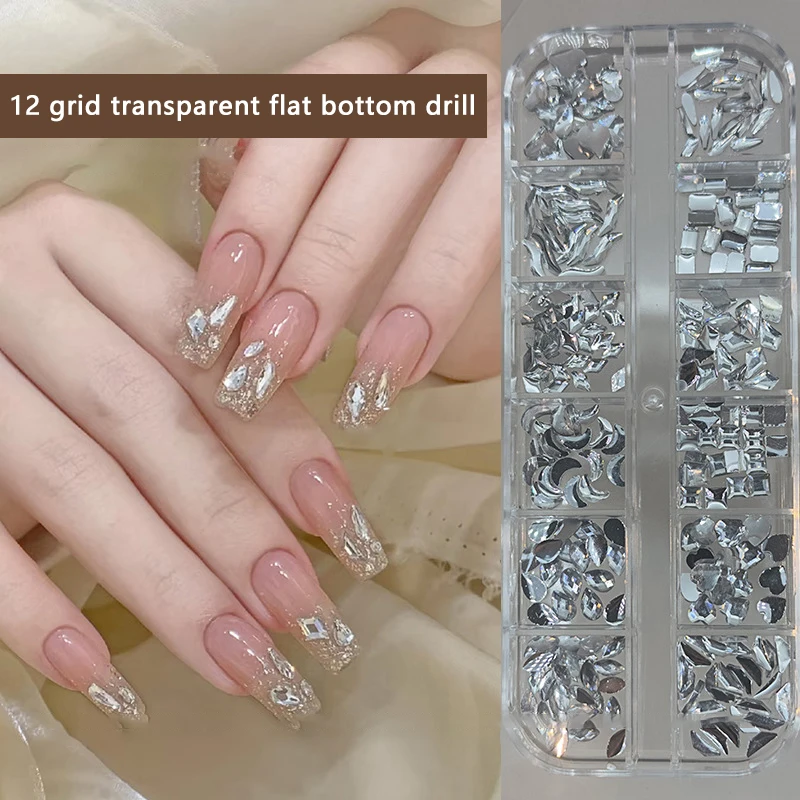 12 Grids Sparkle Crystal Flat Bottom Glitter Rhinestones Geometric Irregular Nail Art Decorations DIY Manicure Tool Accessories