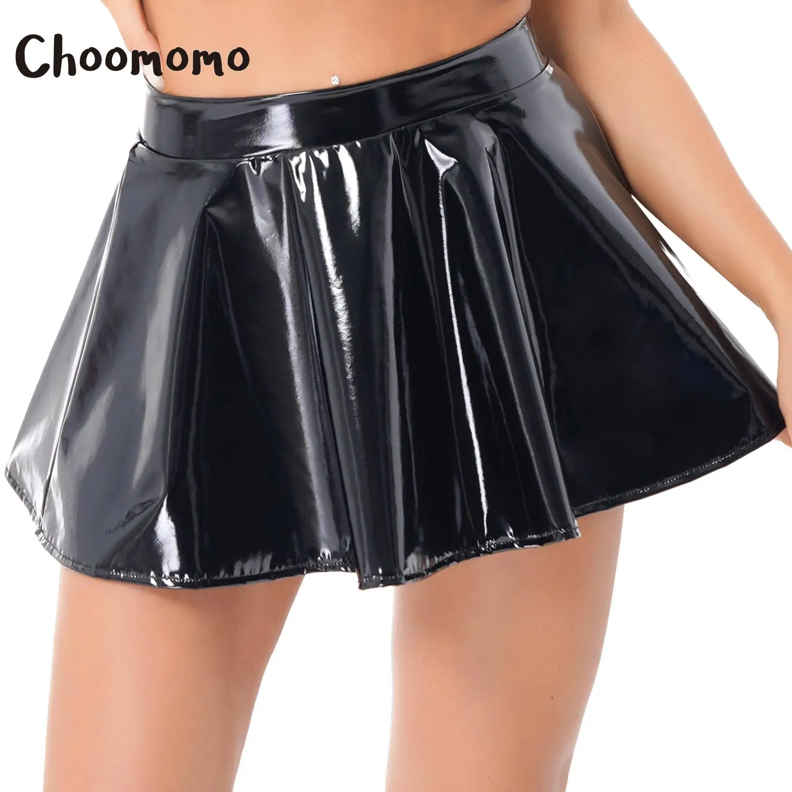 Womens Wet Look Kunstleder hoch taillierte Plissee ausgestellt eine Linie Röcke Latex Short Skater Minirock Nacht Party Clubwear