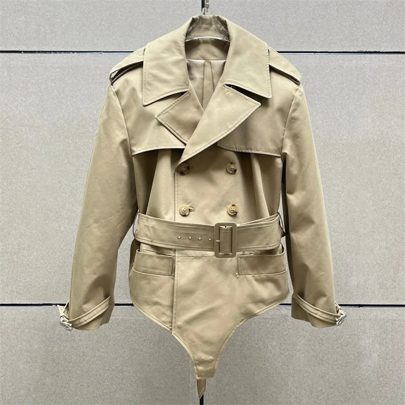 

Женская куртка, новая верхняя одежда, лето 2024, двубортный топ с лацканами и длинными рукавами, пояс, утягивающий женский комбинезон, пальто из чистого хлопка