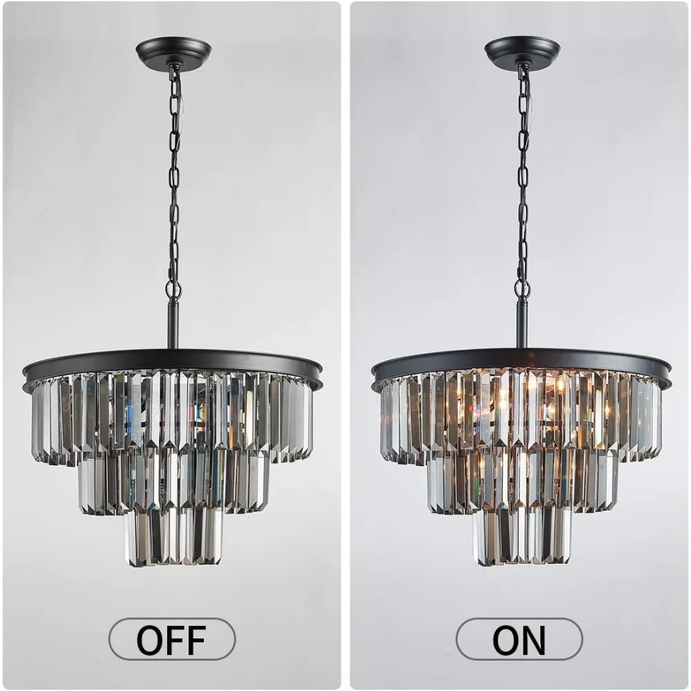 Luxury Black Smoke Crystal Modern Contemporary Chandeliers Pendant Ceiling Light Fixture 3-Tier Chandelier Lighting