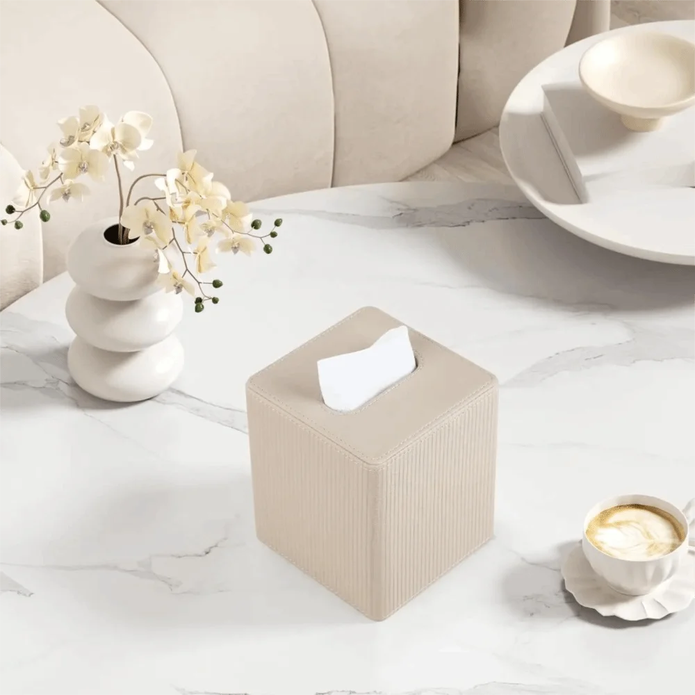 

PU Leather Square Tissue Box Magnetic Closure Roman Column Stripe Tissue Dispenser Short Pile Lining Widened Opening