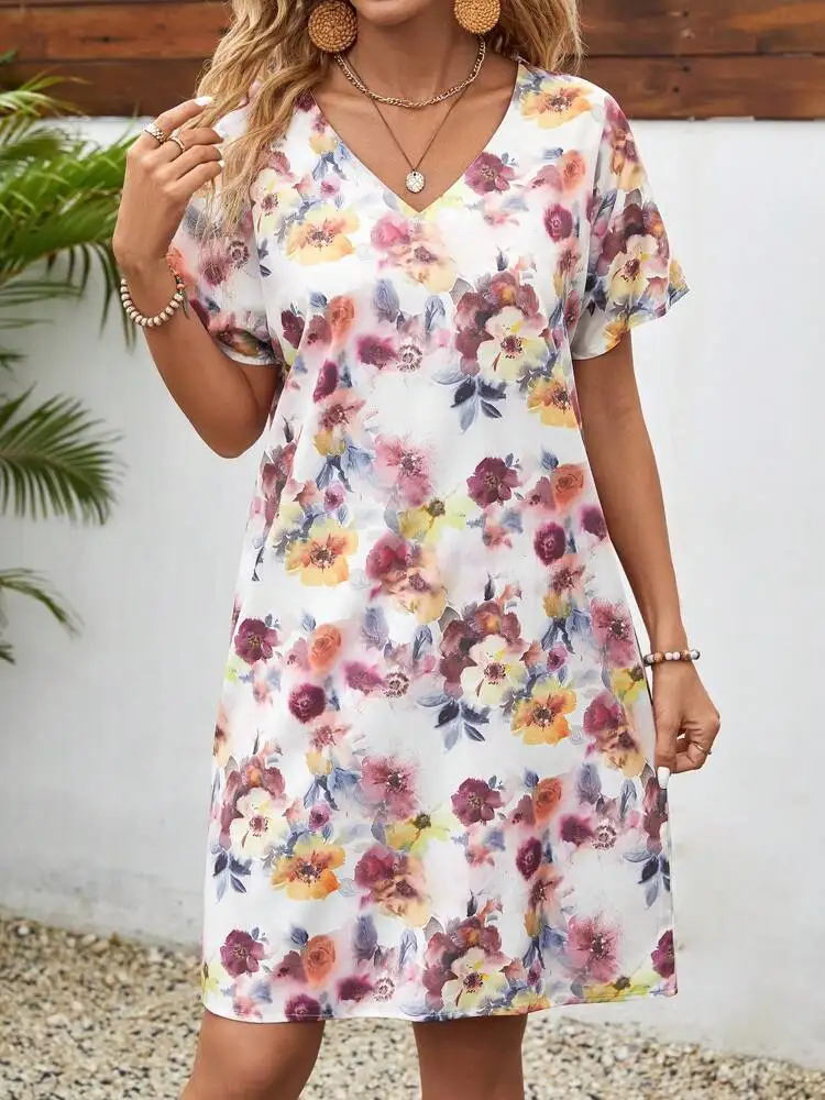 المرأة قميص فضفاض فستان مثير الإناث الخامس الرقبة قصيرة الأكمام ريشة الأزهار تي شيرت مطبوع فساتين الحفلات الفضفاضة الصغيرة