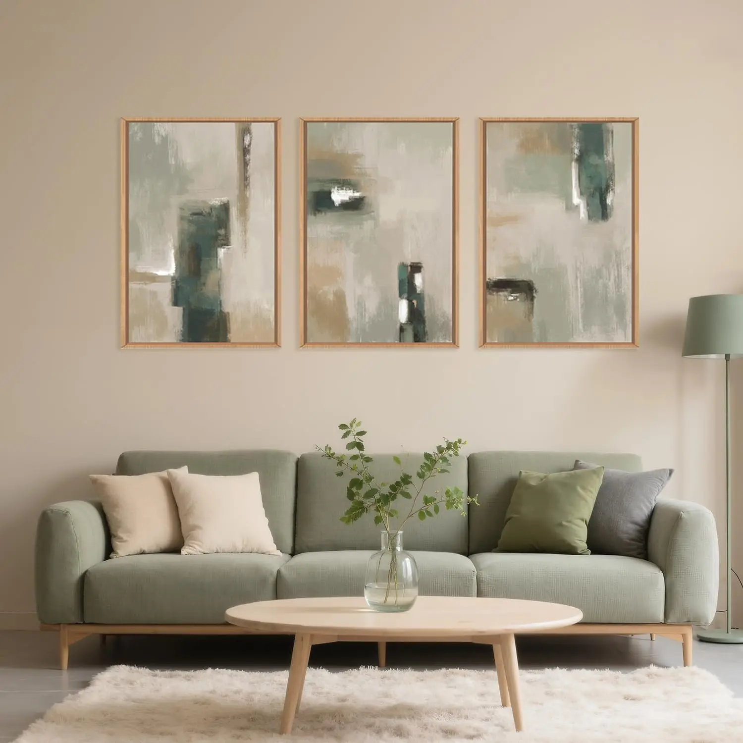 3pcs Abstract Green and Beige Canvas Poster Wall Art Pictures, Living Room, Dining Room, Office and Home Decoration Prints