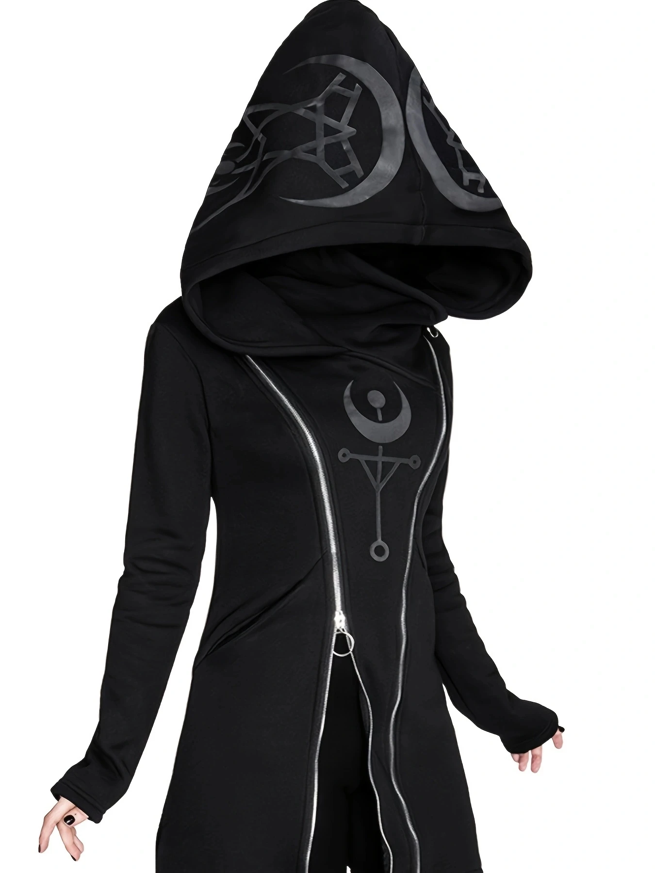 Women\'s Gothic Zip-Up Hooded Jacket | Sun Moon Geometric Print | Durable All-Season Streetwear