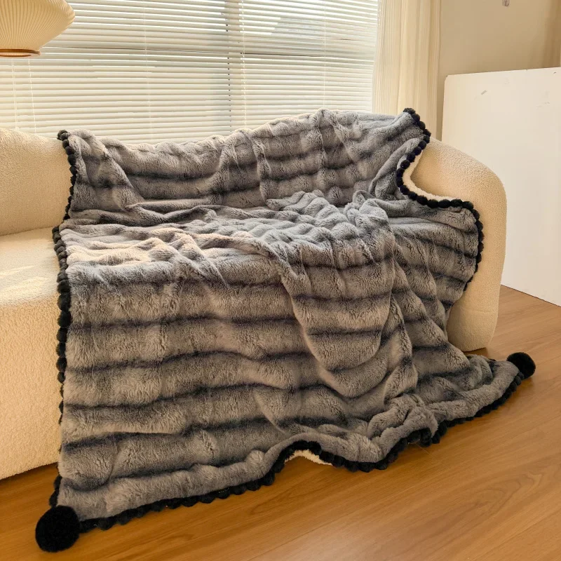Striped Wool Ball Edging Blanket Double-sided Usable Sofa Leisure Decoration Blanket Bedroom Bedding Stacking Homestay Arrange