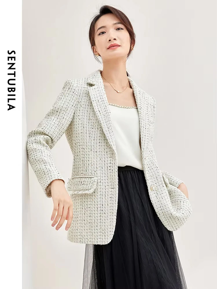 Sentrubila-Veste en tweed à manches longues pour femme, blazer de couture, manteau de bureau pour femme, simple boutonnage, élégant, automne, 2023, 133x51279