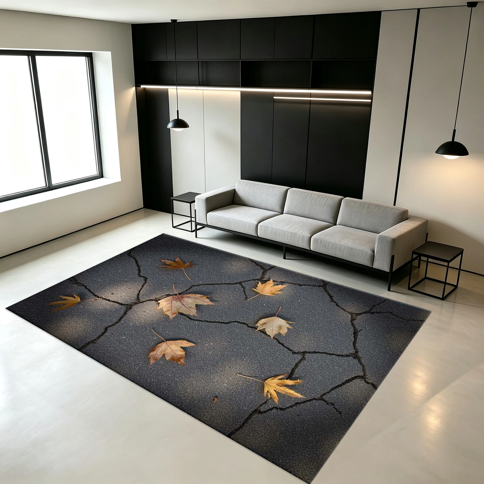 Non-Slip Floor Carpet That Combines Gray Cracked Pavement and Fallen Maple Leaves