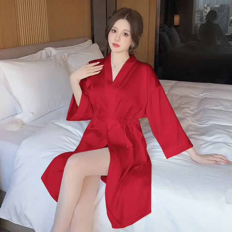 

Летние шелковые атласные кимоно-халаты с коротким рукавом 2026 года для женщин: милые халаты для сна, ночная сорочка, свадебный халат