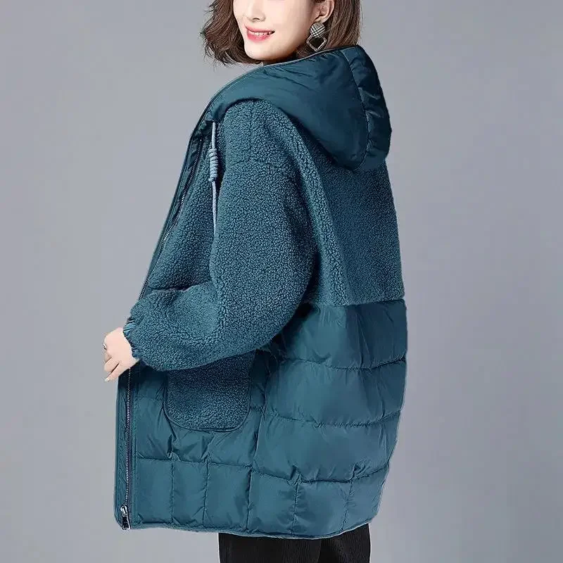 Women Padded Jackets Autumn Winter Hooded Outerwear 2024 Loose S-4XL Down Cotton Jacket Mid-Length Lamb Wool Thick Coat Female