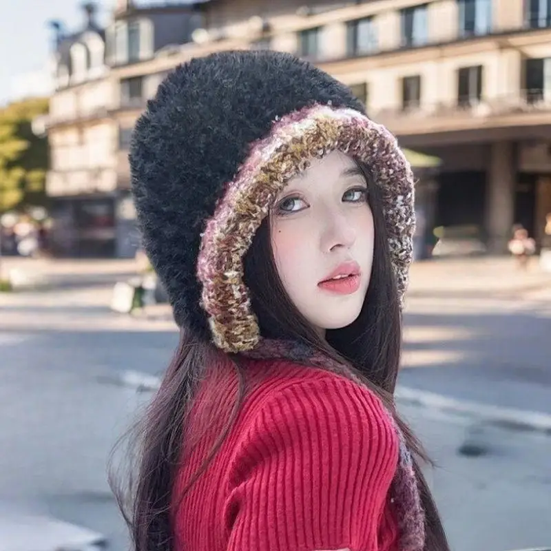 Y2K Autumn Fashion Women Beanies Winte Thicken Warm Plush Trapper Hat Handmade Knitted Soft Earflap Cap Outdoor Balaclava Hat