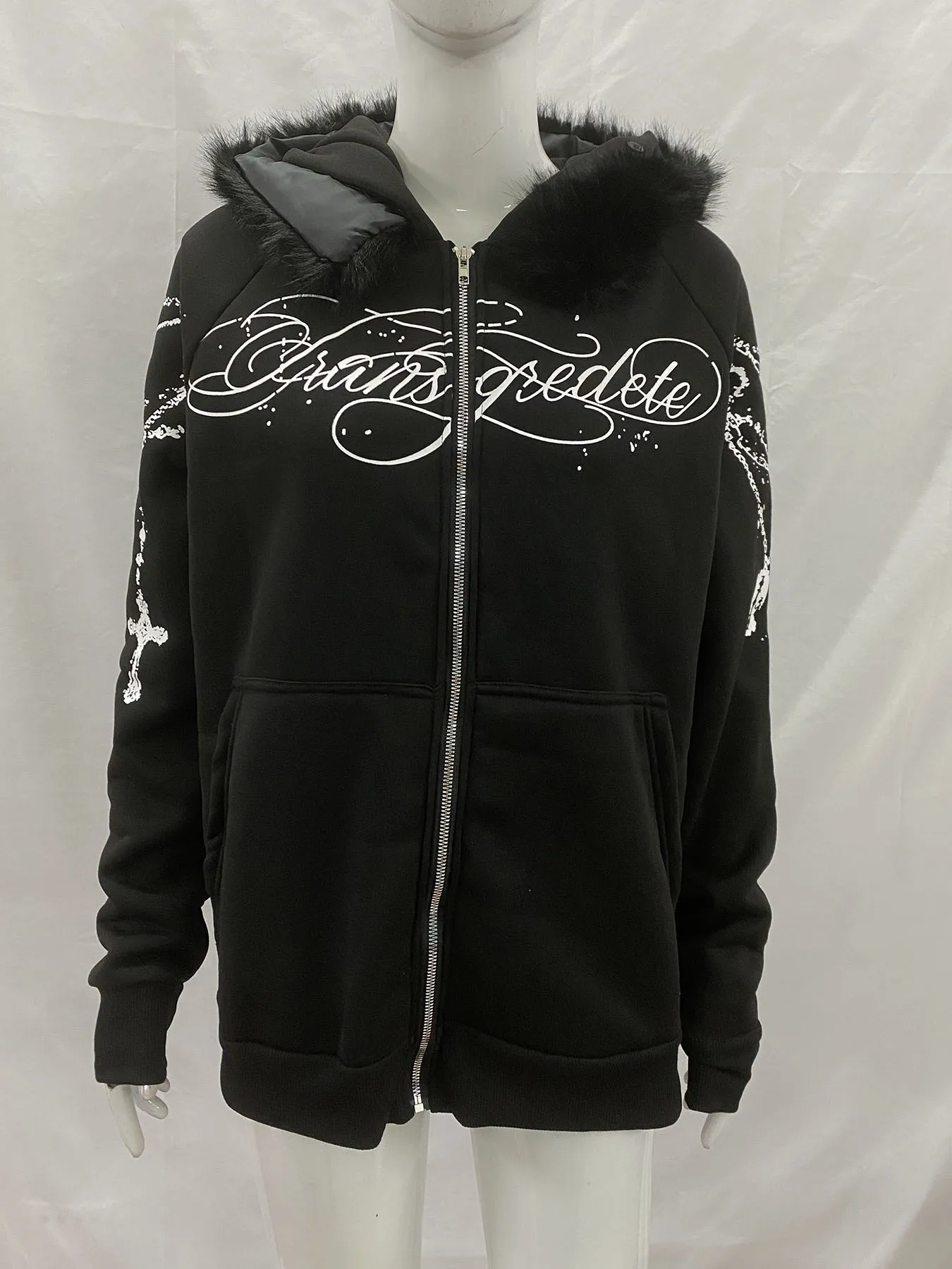 2026 Autumn Winter Y2K Street Fashion Oversized Letter Graphic Zip Up Hoodie Removable Furry Collar Retro Casual Outerwear