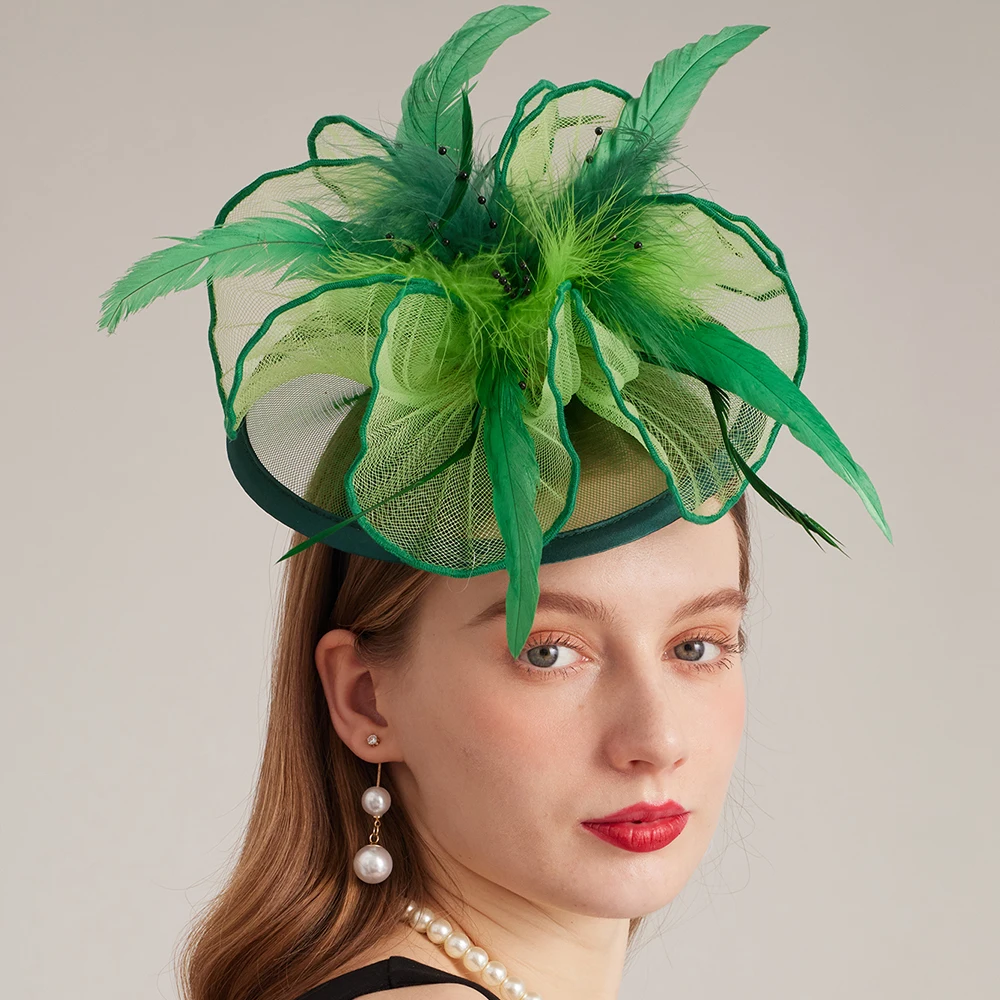 FS Navy Green Church Hats For Women Elegant Organza Wide Brim Kentucky Derby Hat Ladies Formal Wedding Bride Cap Chapeau Femme