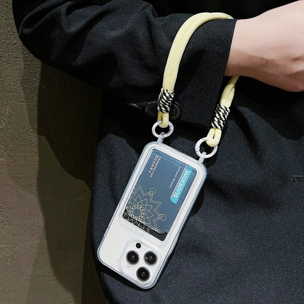 럭셔리 소프트 카드 백 폰 케이스 아이폰 16 프로 맥스 12 14 플러스 XS XR 7 8 투명 범퍼 컬러풀 랜야드 로프 커버