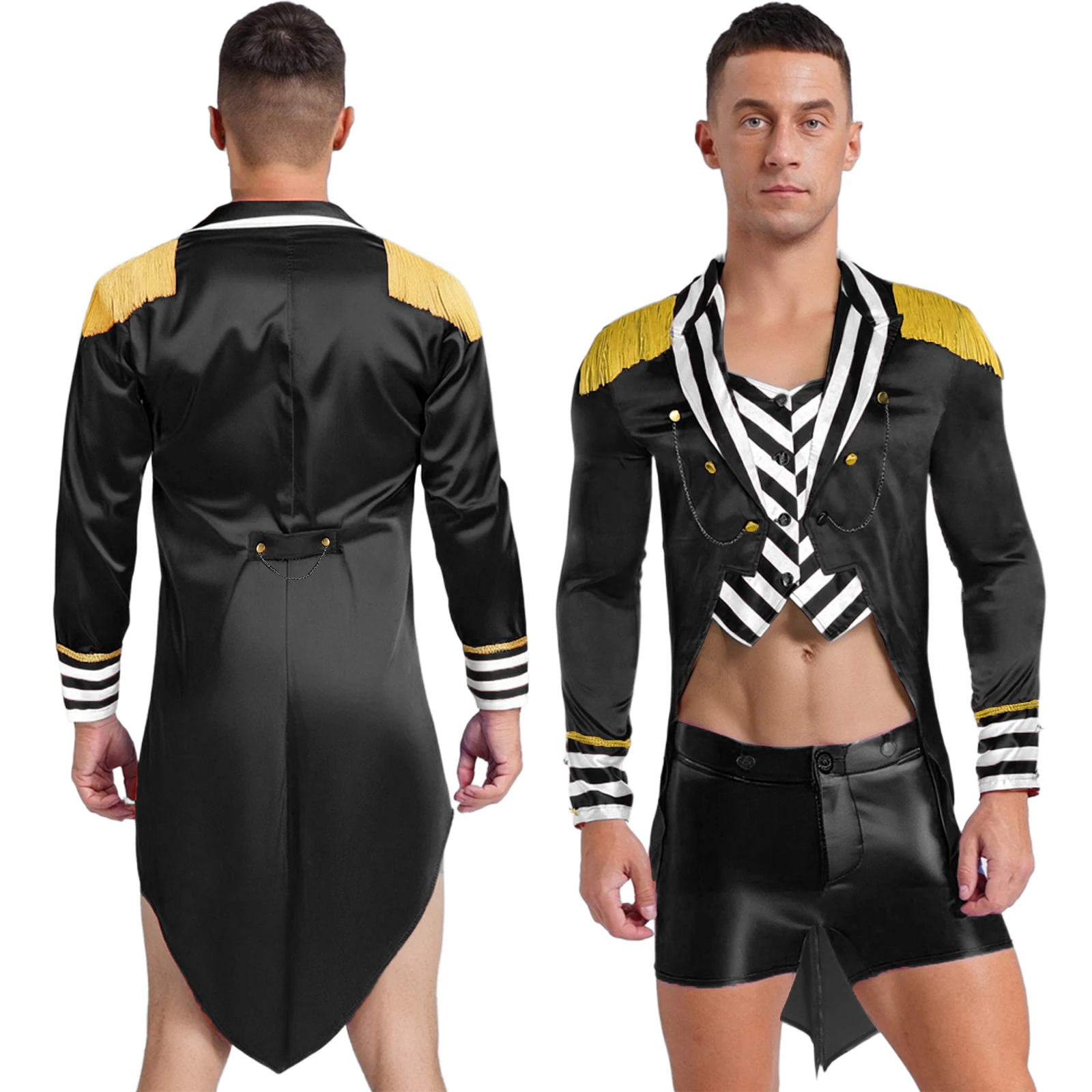 

Мужской карнавальный костюм на Хэллоуин, цирковой манеж, волшебник, шоумен, косплей, костюм для выступлений, атласный смокинг с длинными рукавами и кисточками, пальто