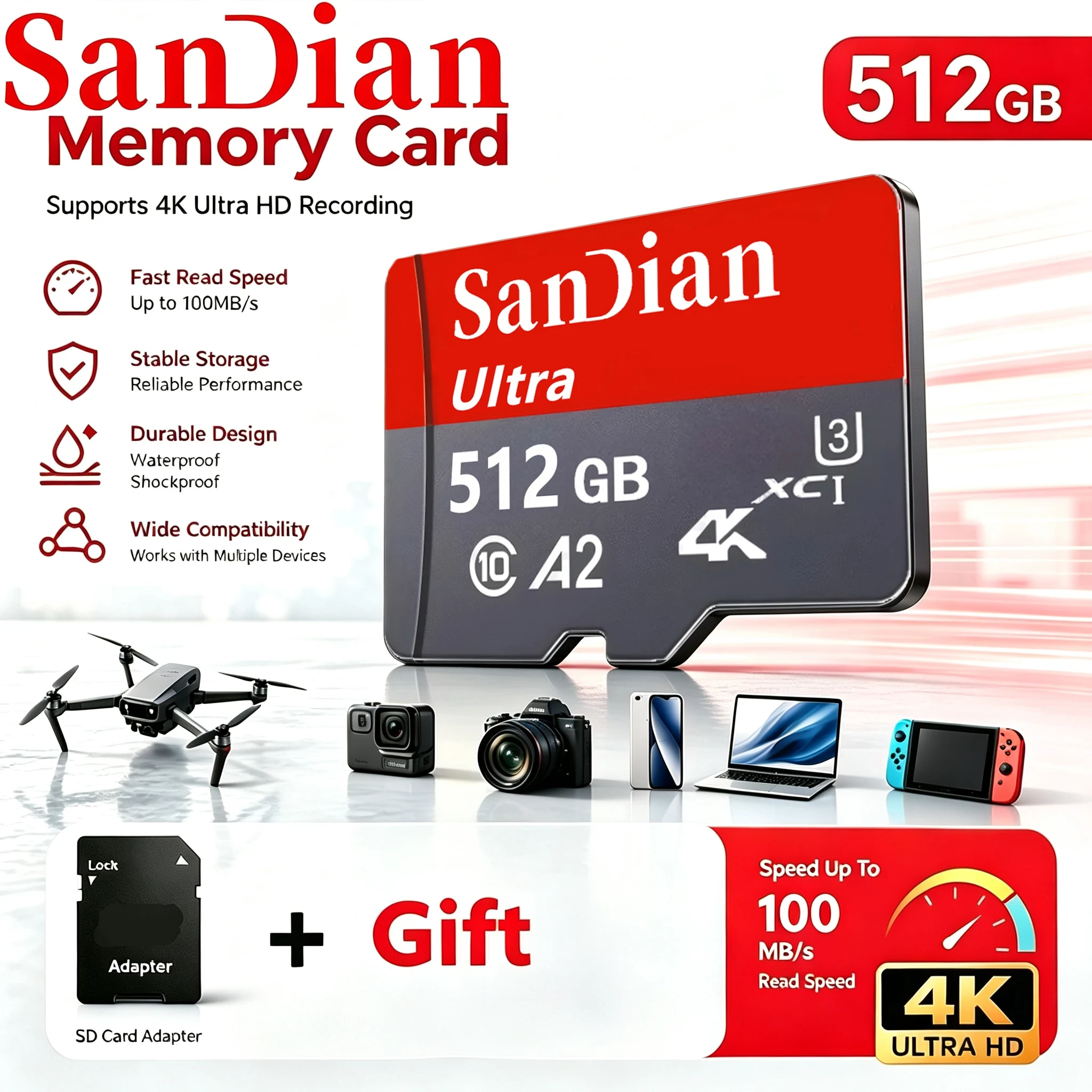 Portable Micro TF SD Card 64GB 256GB 128GB 32GB Memory Card SD Cards TF Cards UHS-I A2 for Tablet/Smart TV/E-Reader/Car DVR