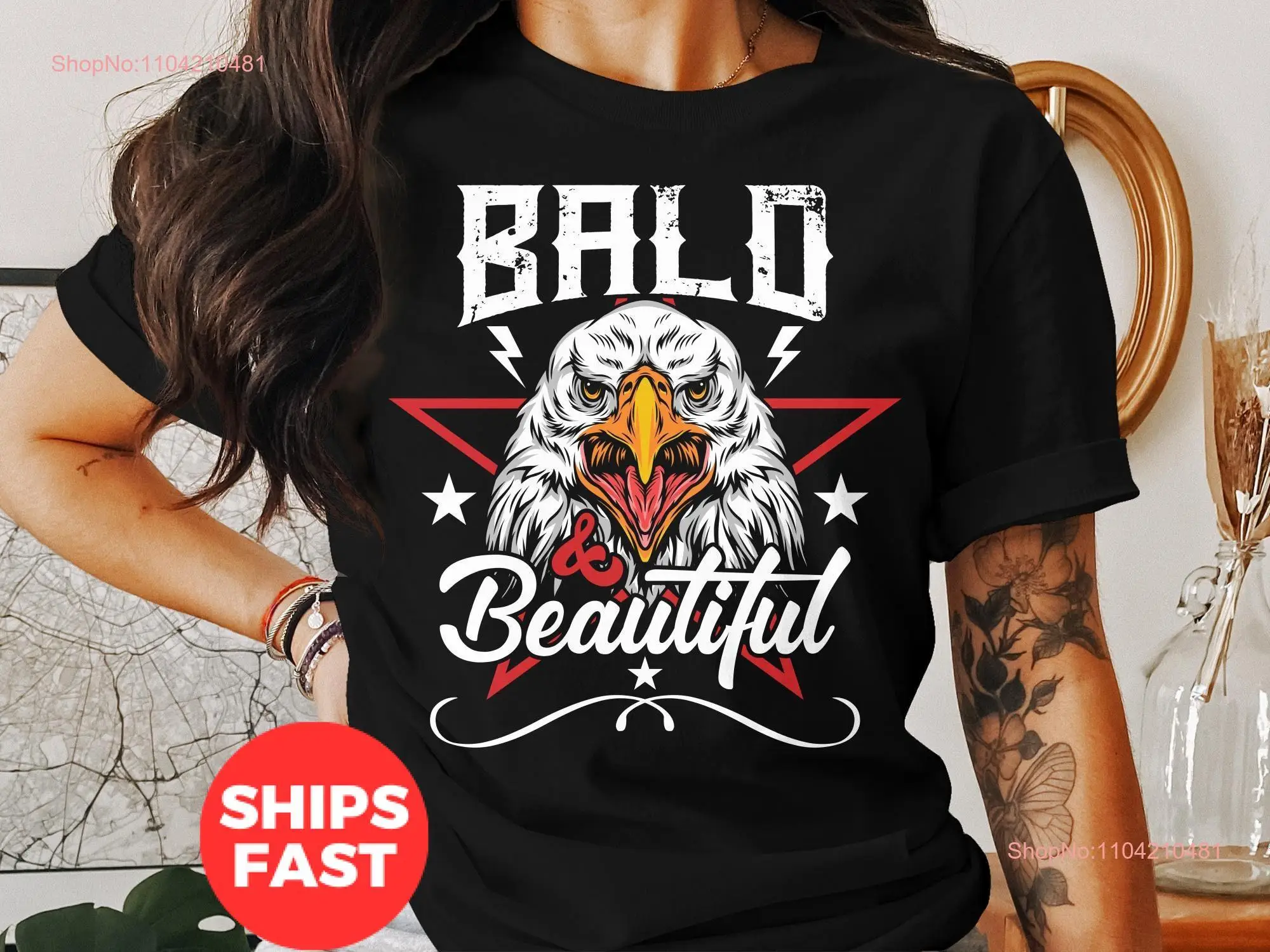 Bald and Beautiful Eagle T Shirt Bold Print Casual Wear Patriotic Style SweaT long or short sleeves