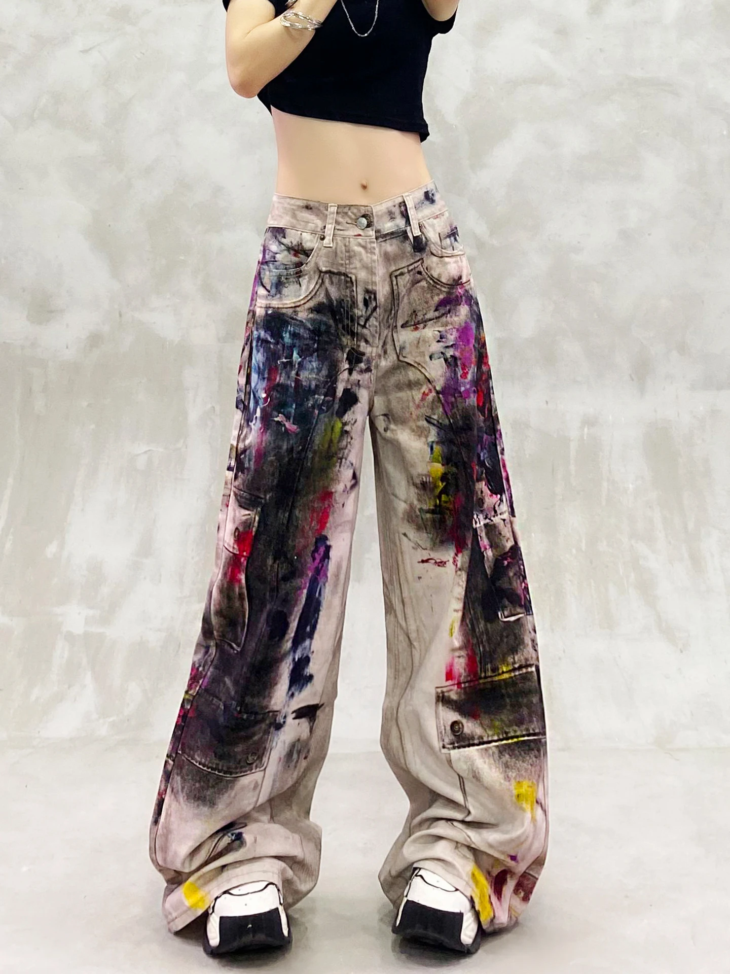 Cool Colorful Graffiti Jeans 2025 Summer New High Waist Loose Slimming Versatile Straight Wide Leg Floor-Length Pants