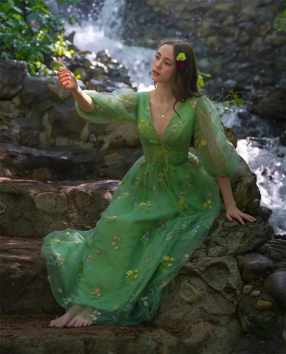 여성용 짧은 퍼프 소매 프롬 드레스 꽃 자수 플로럴 튤 정장 이브닝 파티 가운