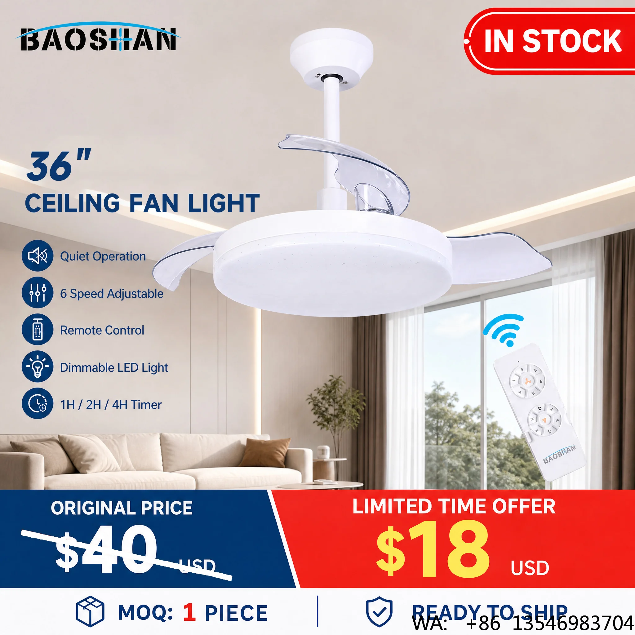 In Stock Discount Price Modern Indoor Bedroom 36 Inch Remote Control Dimmable Low Noise DC Motor Led Invisible Ceiling Fan Light