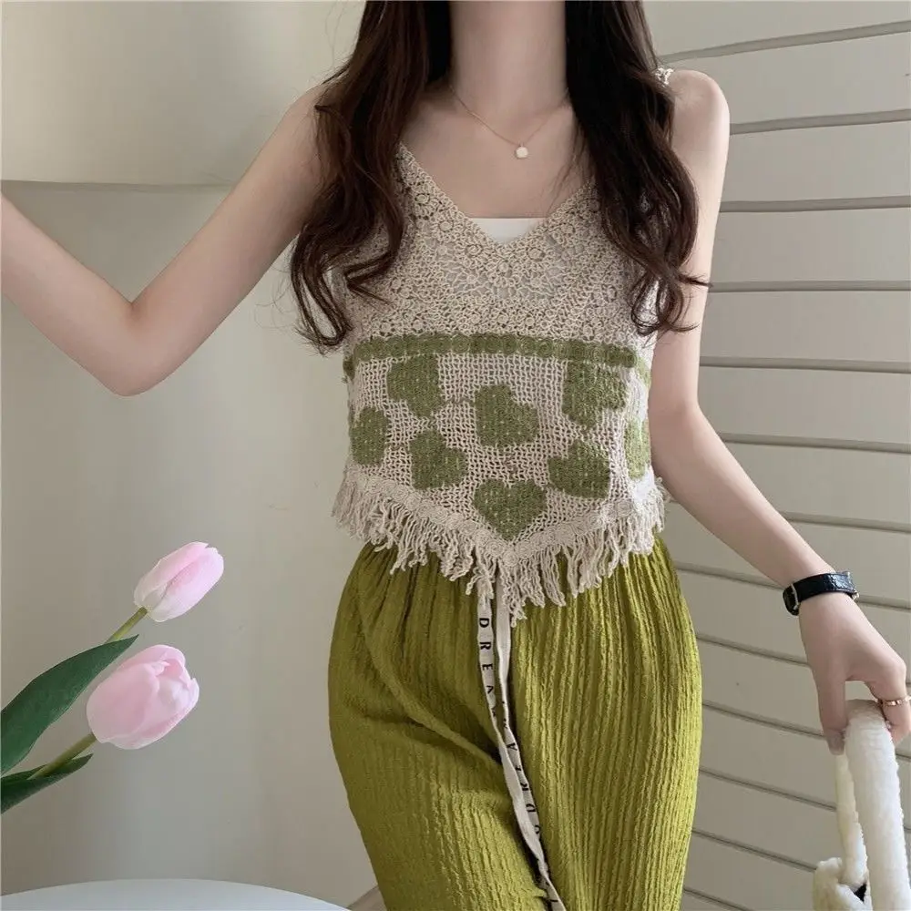 Pastoral Style Embroidery Knitted Vest Gentle Elegance Embroidery Knitted Hollow Tops Inner Tie Simple Short Sleeveless Tops