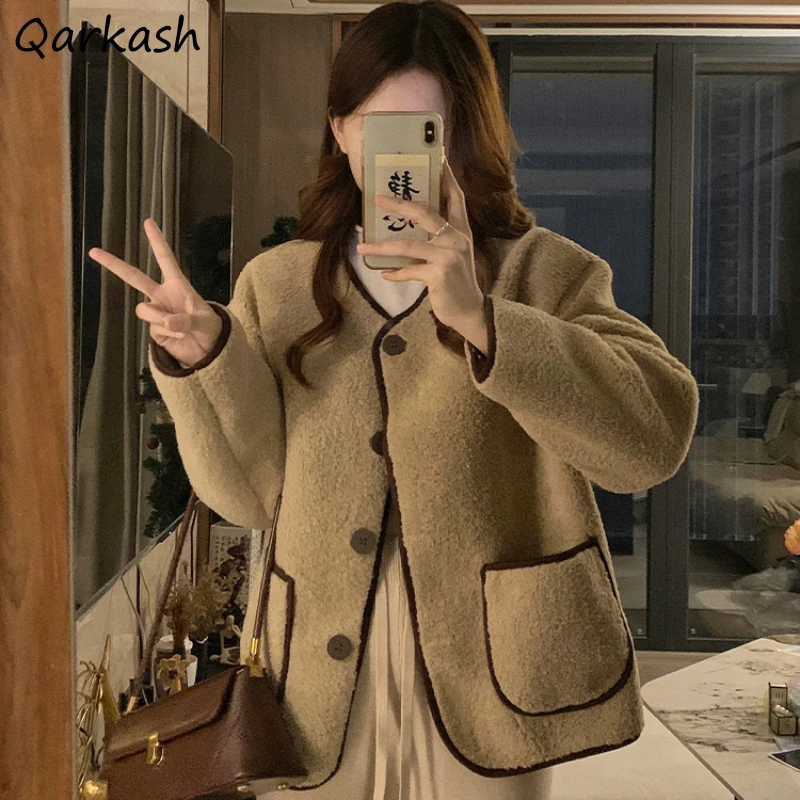 Fleece Pockets Plus Velvet Spliced Jachets Women Korean Style All-match Fashion Simple Leisure Female Streetwear Loose Tender