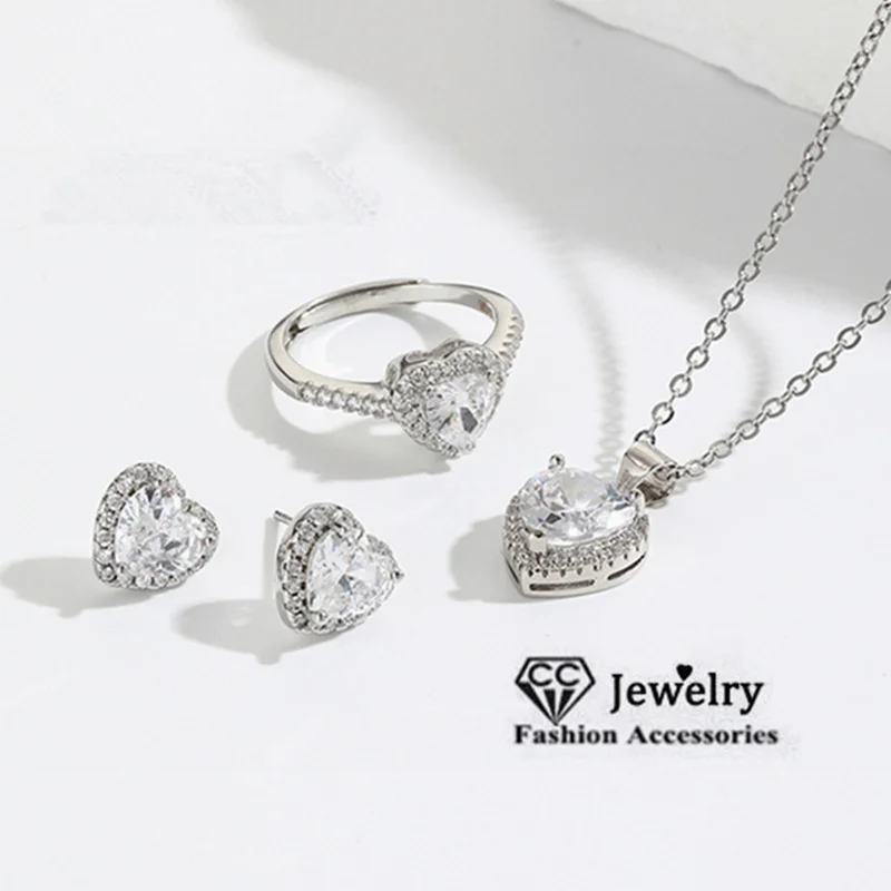 CC Necklace Earring Ring Silver Color Shine White Cubic Zirconia Engagement Wedding Fine Jewelry Fashion Accessories Set