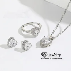 CC Necklace Earring Ring Silver Color Shine White Cubic Zirconia Engagement Wedding Fine Jewelry Fashion Accessories Set