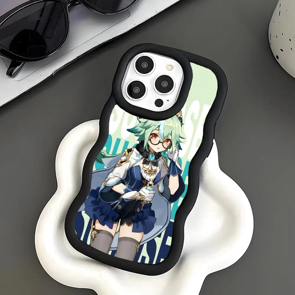 

Game GI Sucrose Phone Case for iPhone 17 16 15 14 13 12 11 Air Pro Max Plus Black Soft TPU Wavy Edge Cover