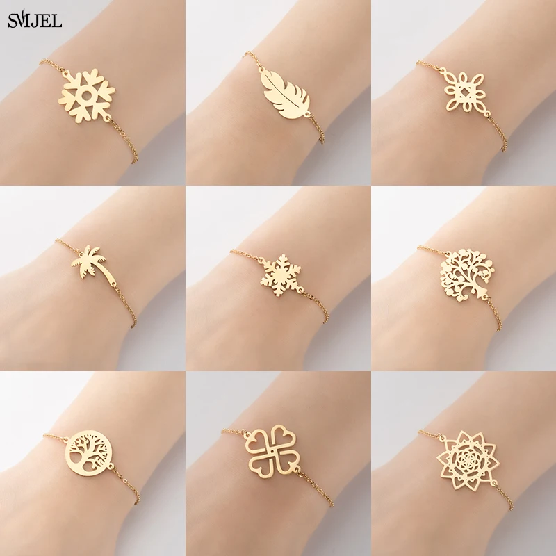 2024 Trend Stainless Steel Snowflake Bracelets Boho Lotus Leaves Palm Tree Plant Mandala Flower Charm Bracelet Bangle Wholesale