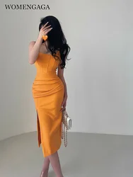 WOMENGAGA Sexy Square Neck Slim High Waist Split Mid Length Slim Hip Strap Maxi Dress Hot Sexy Korean Sweet Dresses 8SXW