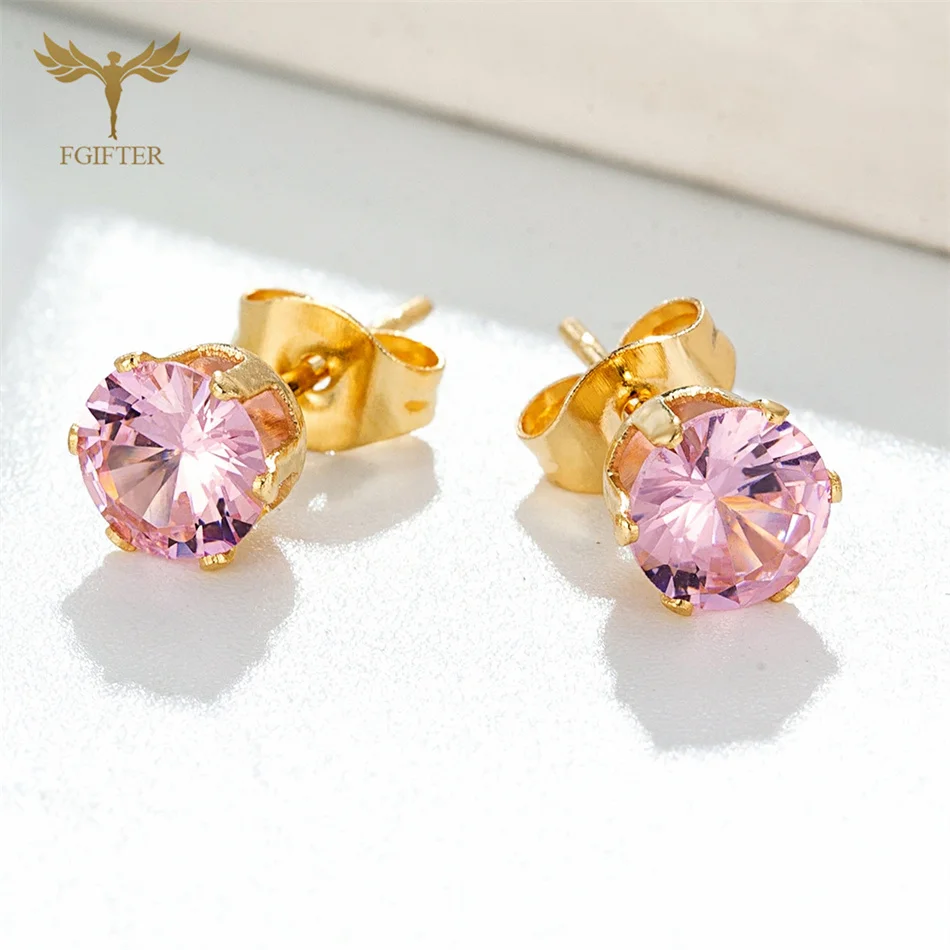 Juego de pendientes de tuerca de circón rosa para mujer, cristal grande dorado, joyería de acero inoxidable, venta al por mayor, regalos pequeños de