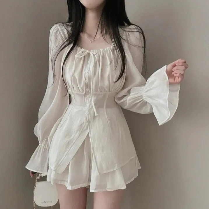 

Chic Spring Summer Single Button Long Sleeve Square Collar Bell Bottom Sun Protection Shirt High Waist Shorts Set Women's Fas...