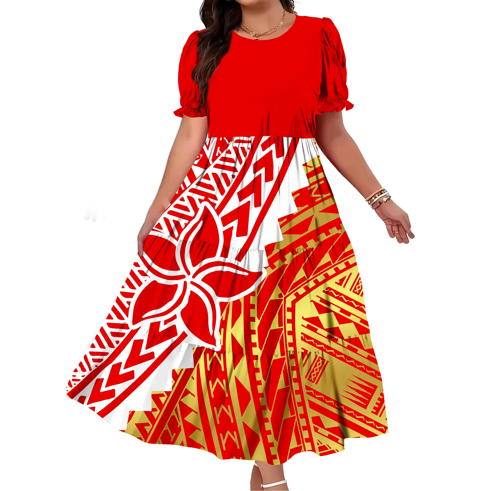 Puffed-Sleeve Comfortable Long Dress  Summer Loose Custom-Made Long Dress Polynesian Women'S Party And Outing Outfits