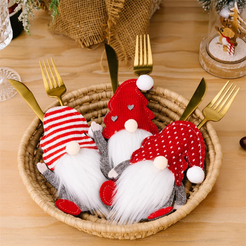 Gnome doll Christmas Cutlery Holder Knife Fork Pocket Bag Faceless Doll Knife Fork Set Bag Tableware Cover New Year Dinner Decor