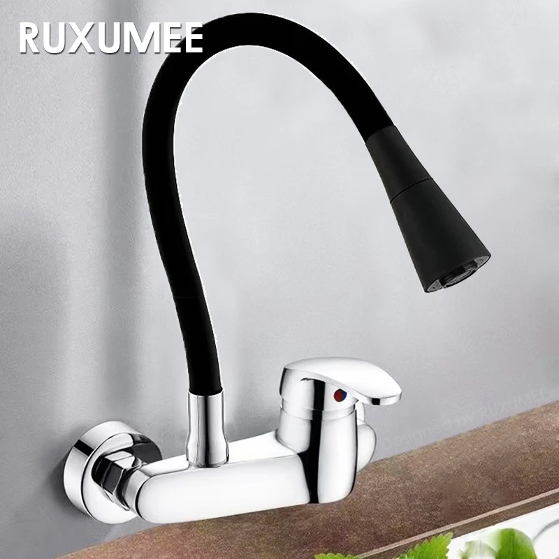 صنبور مطبخ مرن مثبت على الحائط، أوضاع مزدوجة قابلة للدوران 360 درجة، صنابير حوض مياه ساخنة وباردة من الكروم المصقول باللون الأسود