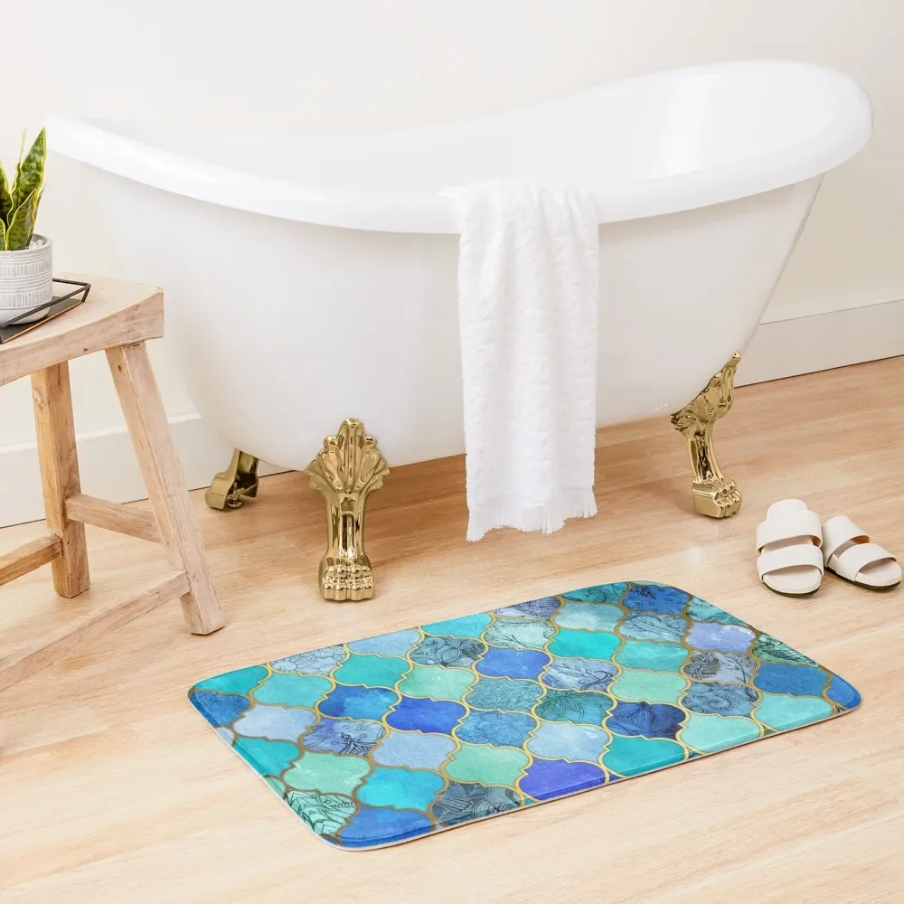 

Cobalt Blue, Aqua & Gold Decorative Moroccan Tile Pattern Bath Mat Home Decor Non Slip Carpet Mat